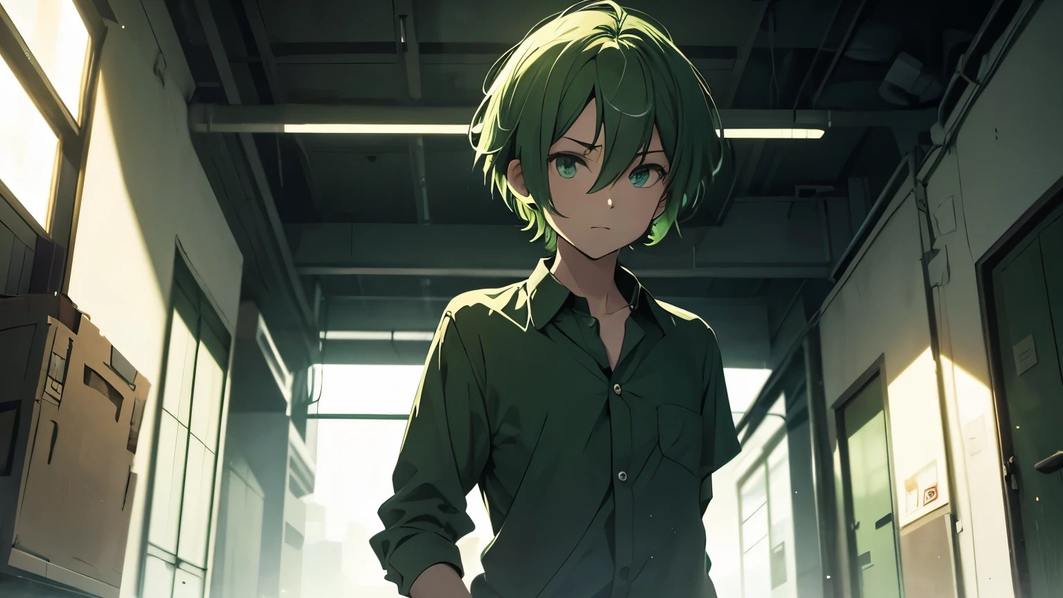 alone, Look to the right, full body , short hair, shirt, green hair, green eyes, 1 boy, Dying, focus man