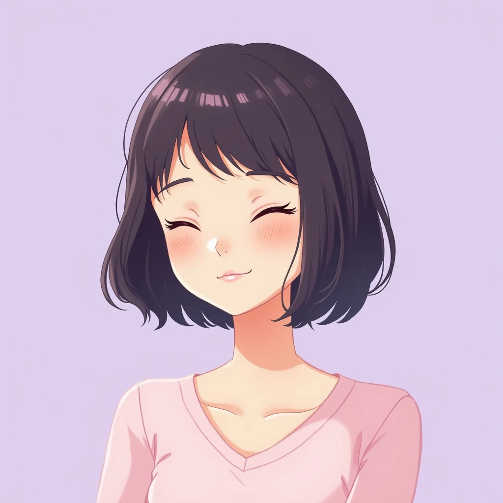 Gentle, smiling, soothing, beautiful, bob hair, woman in her 20s, stylish, anime-style illustration, light purple background