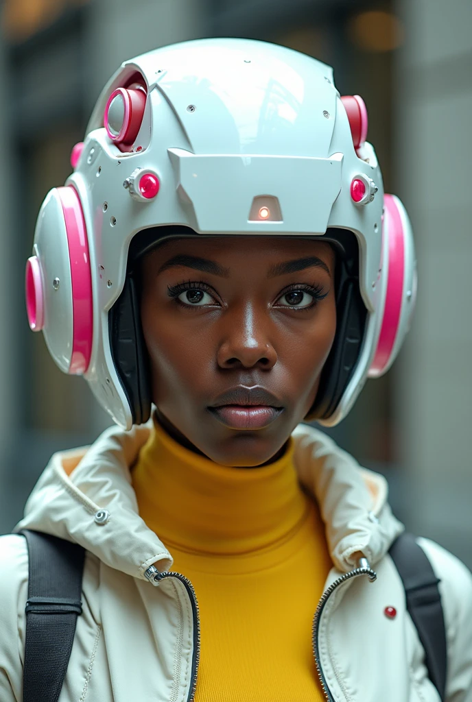 Image is a high-resolution, futuristic portrait of a person wearing an elaborate, high-tech helmet. The helmet is predominantly white with pink and red accents, featuring multiple lenses, tubes, and intricate details. The person has dark skin and is wearing a yellow turtleneck under a light-colored jacket. The background is blurred, focusing attention on the subject's detailed headgear and serious facial expression. The overall style is cyberpunk, with a strong emphasis on advanced technology and a sci-fi aesthetic.