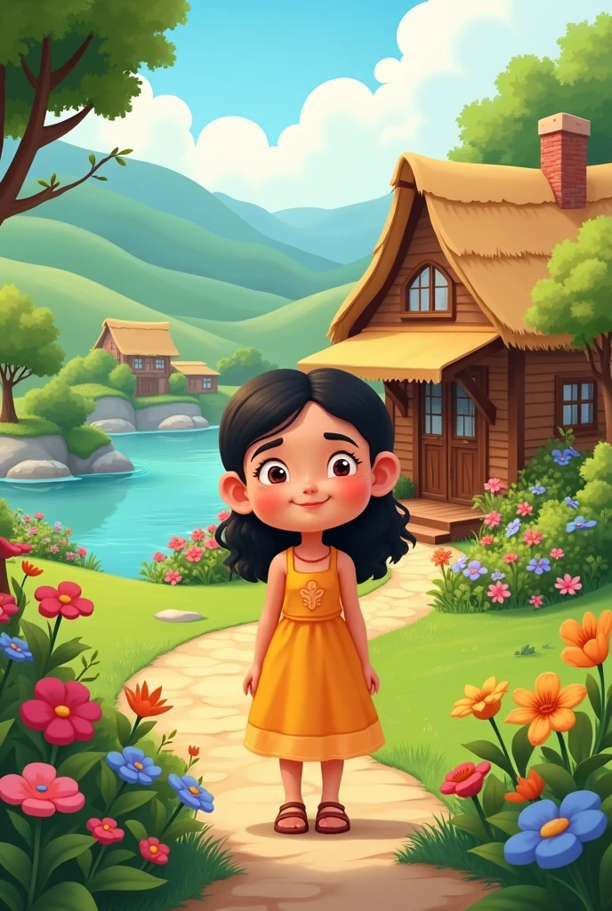 
Once upon a time, in a small village nestled between rolling hills and a sparkling river, there lived a  named Maya. Maya was known throughout the village for her bright smile and kind heart. She lived with her grandmother in a cozy cottage with a beautiful garden full of colorful flowers.cartoon style