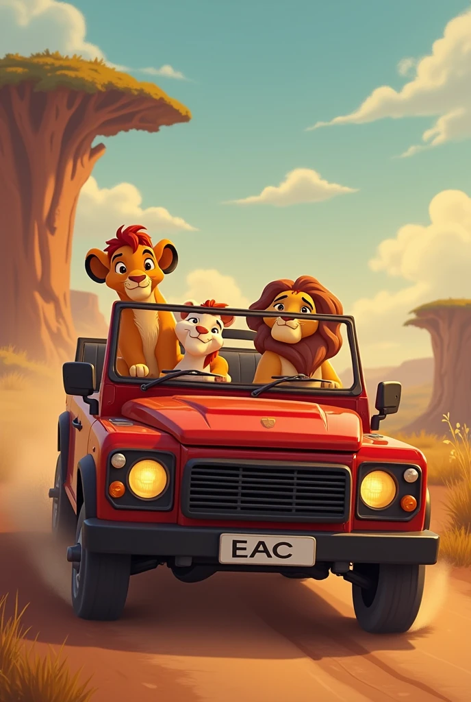 the characters from the lion king animation in safari cars. each car with a lion cub. (less timao,pumba and scar) on a road in the kingdom lands. the license plate of the car must be eac.