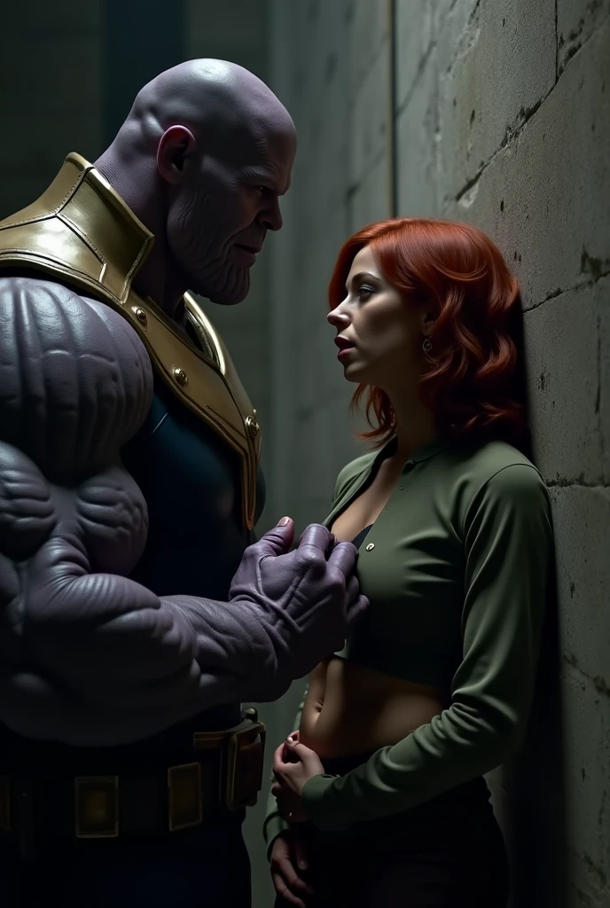 In a dimly lit room, Thanos, a large and imposing figure with a grim expression, is standing close to Natasha Romanov, a young woman with red hair. Natasha is leaning against a cold stone wall, her shirt slightly lifted to expose her bare abdomen. Thanos has his large hand placed firmly on her abdomen, with his palm fully resting on her skin. Natasha’s face reflects a mix of resignation and discomfort as she stands against the wall. The atmosphere is tense, with the shadows in the room emphasizing the unsettling and overpowering nature of the scene.