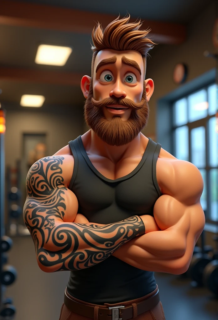 Medium beard cartoon character, light brown hair lumberjack style , in gym,  one of the arm maori tattoo, greeneyes, animation character, stylized character, animation style rendering, 3d stylized, Arnold Maya rendering, Stylized 3D rendering, toon render screenshot, 3d character, 3d character, Stylized 3D rendering, 3D character rendering, cartoon character, Personagem de close up, character posing, (Pixar-style) (master part:1.2) (bokeh) (best qualityer) (skin detailed) (detailed texture) (8k) (Argilla) (cinematic lighting) (sharp focus