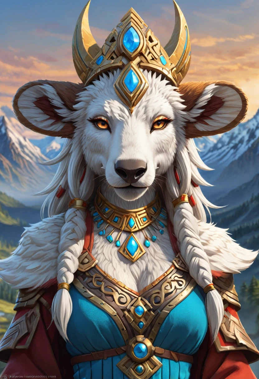 Anthropomorphic feminine kitsune-wolly mammoth enchantress. Official Art – An Award-Winning Digital Masterpiece In 4K Ultra HD, Extreme Detail And Intricate Realism. Symmetrical Face. This Concept Art Brought To Life By The Hands Of Artists Like Wlop & Artgerm In A Stunning 2D Vector Illustration. Breath of the wild. Background Is A Panoramic Vista.
