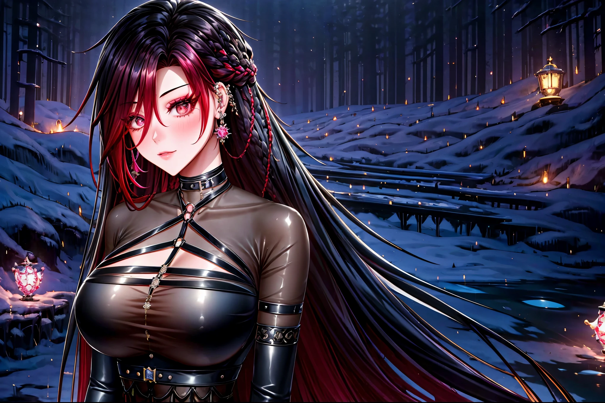 shoujo style, frosty style, (romantic manhwa), 1 girl, black cyclamen hair, solo, long braided hair, long braid, dress, red cyclamen eyes, mascara, makeup, elbow gloves, bra, jewelry, many ear piercings , viewer, collarbone, accessories, upper body, parted bangs, braided hair, side braid, black dress, bangs, outdoors, detailed eyes, dynamic cut, walking in a rose field at night, flowers, warm, summer environment, beach,