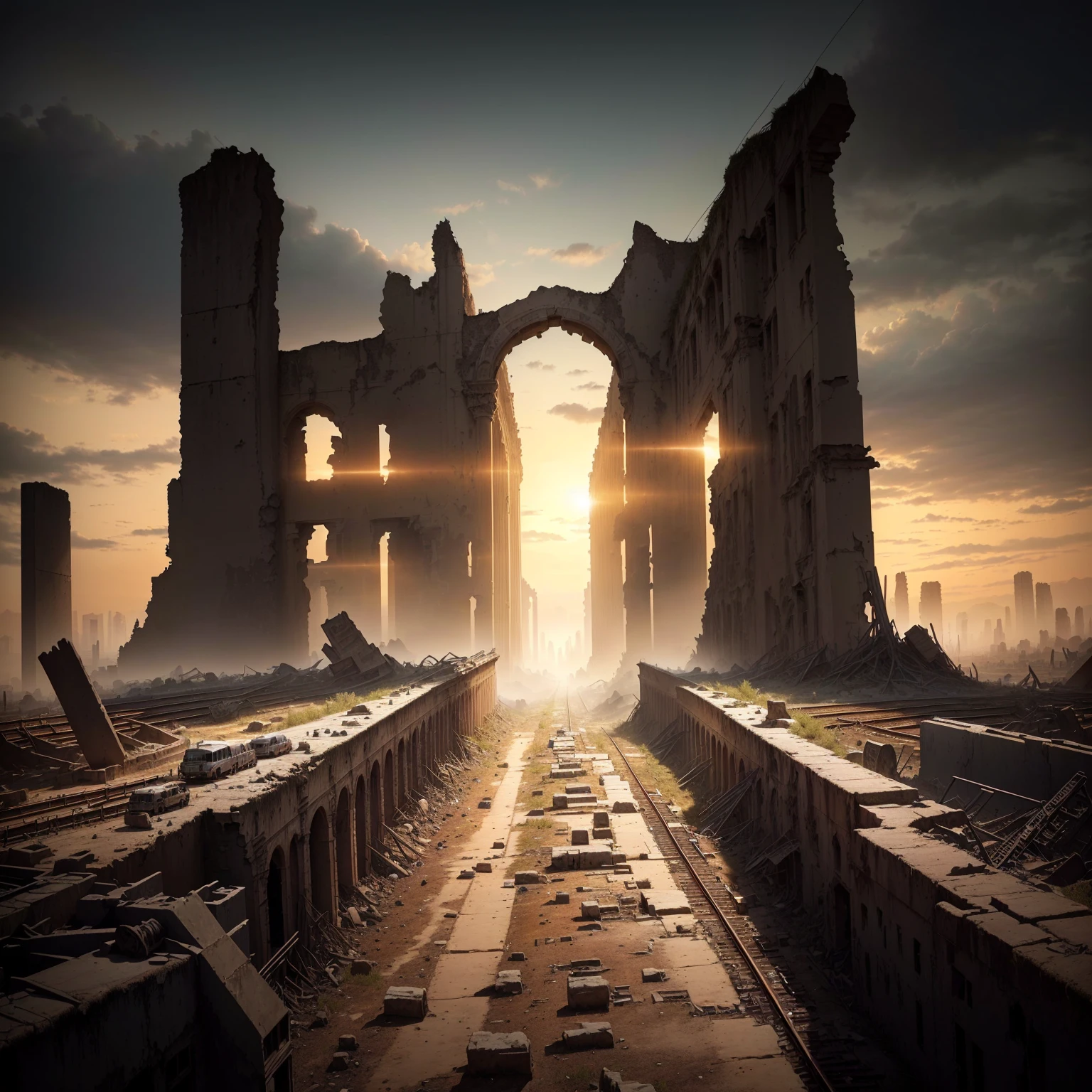 Photo taken from the railroad tracks of a ruined city, Post-apocalyptic ancient ruins, Ruins in the background, Alexander Kucharsky, dark ruins landscape, ruins landscape, Epic view of ancient ruins, apocalyptic art, End of the world day background, ruins in background, The background is a ruined city, crumbling ruins, Unreal Engine 5 renders drama, huge ancient ruins