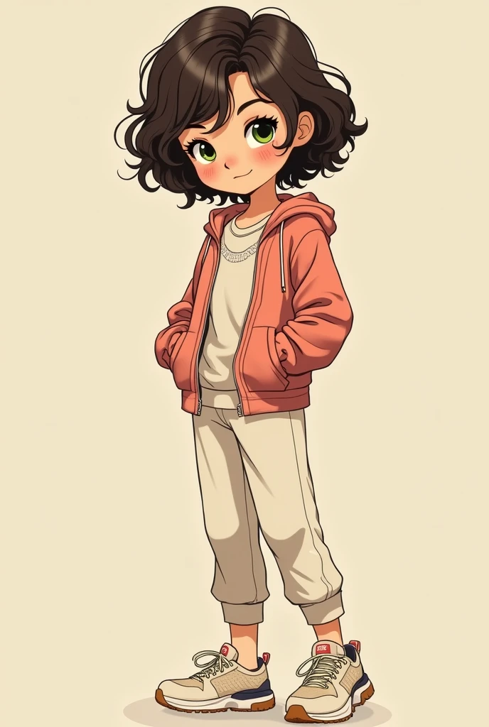 a young and charming girl with a very specific style. I will help you visualize the character in a realistic retro comic book style..
she is 17 years old, with an angelic face that exudes innocence and sweetness. Your skin is clear and smooth, contrasting with her short, curly hair, of a deep dark brown, that fall delicately around the face. Her eyes are large and light green., transmitting a feeling of tranquility and shyness.
She wears a modern combination that mixes delicacy with a sporty chic touch.: maybe a light fabric blouse, with feminine details like lace or ruffles, combined with a stylish sports jacket, pants or skirt that fit perfectly to the body, and a pair of stylish sneakers that complement the look. All in soft, pastel tones, reflecting her shy and reserved nature.