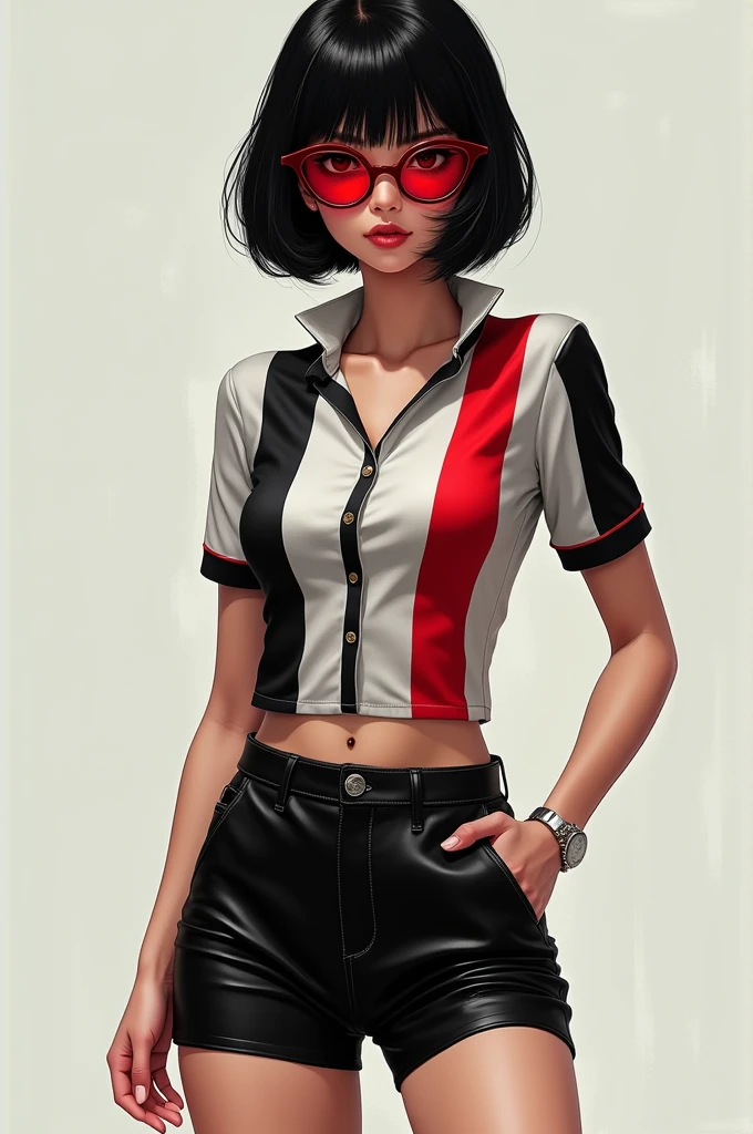 a short-sleeved, collared, button-down shirt with vertical stripes. The shirt is fitted and short, revealing the waist. paired with short, tight black leather shorts, red oval glasses, and a black hair