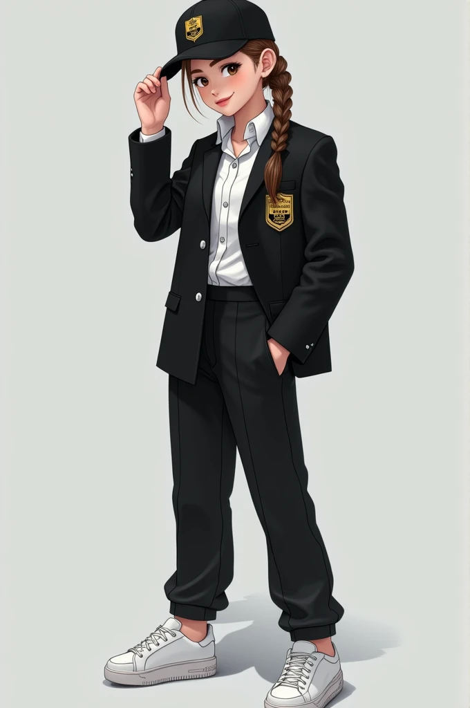 Set of black pants and blouse with a school jacket with theater crest and white sneakers with a cap that matches the jacket 
