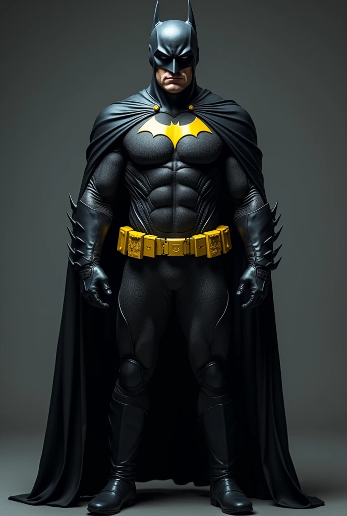 Batman in all black rubber suit with the yellow ovel on the chest with the bat logo in front and a yellow utility belt and black boots and black leather cape