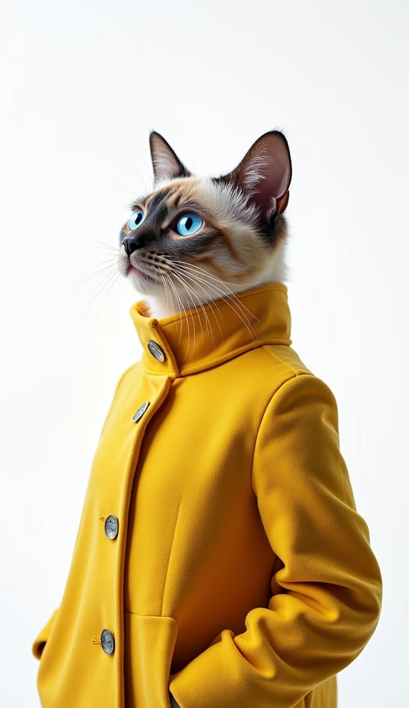 The best mobile wallpaper, Award winning wallpaper, portrait photography, In the front view there is a portrait of a cute blue-eyed cat, dressed in 1960s mid-century space age clothing., side view shot, shot with canon EOS R5, Establish a marked contrast that accentuates the subject., Fluorescent white tone, Wear a very modern coat, a modern style from the 60s., Modern urban clothing all colors beautiful white background