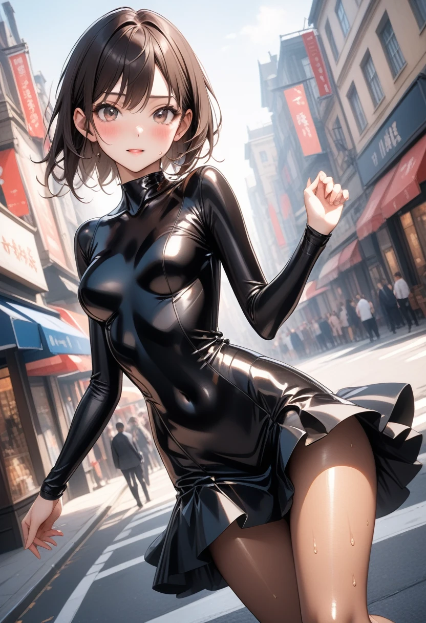 (((In the city))), ((Fashion Model), (skirt), (pantyhose), ,(black fullbody suit:1.3),)), , ((Shiny Costumes)), skindentation, skinny, solo, 1 woman, Masterpiece, highest quality, highest quality, 16K, incredibly absurd, highly detailed, 2.5D, ai-generated, delicate and dynamic, very delicate facial expressions, delicate eye depiction, erotic, only sexy woman, ((A cute and kind face)), healthy figure, ((25-year-old woman)), 160cm tall, medium firm swaying bust, Dark Hair, blush, Sweat,Embarrassed,sexy, ((thin thighs)),, (camel toe:0.7), , (Erect nipples,:0.7), shiny and lustrous, facing straight at viewer, (((in heat))), ((Oily_skin)), ((Lots of sweat)), (((Brown Skin))), ((dutch angle)), ((erotic pose)), ((City sidewalk in midsummer)),, (((Very dynamic pose))),