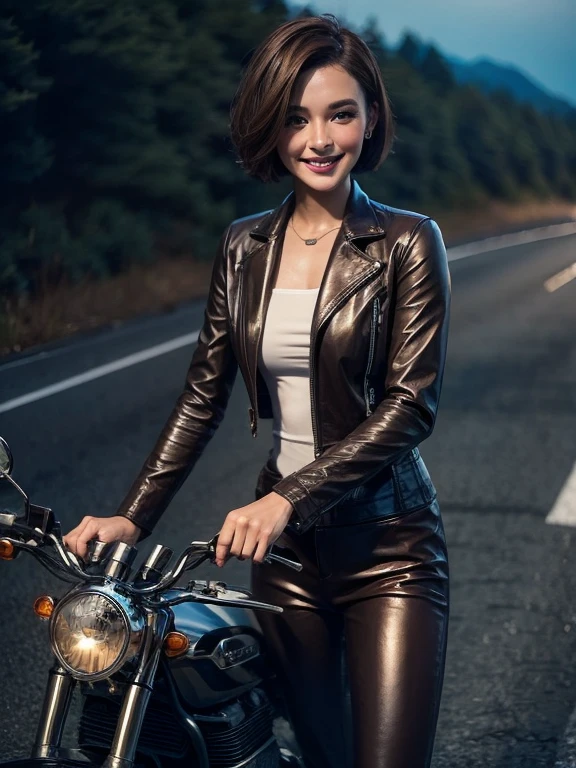 smile、Elegant adult woman、Short Bob Hair、Long sleeves and pants、Brown racing leather suit、Riding a motorcycle on the road