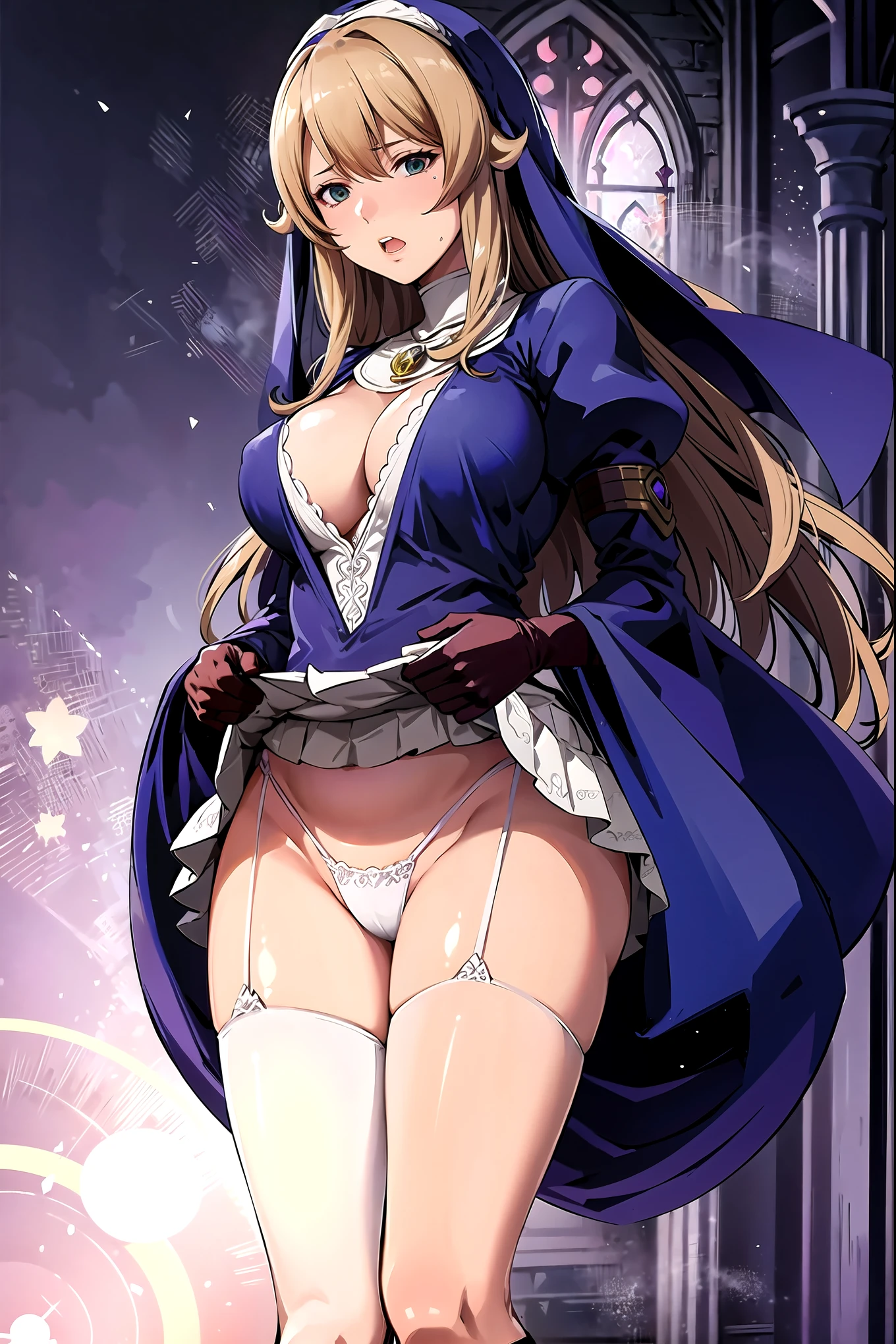 sigui \(queens blade r\), nun, 20yo,young female, brown long hair, bangs, green eyes, purple cape on her head, purple outfit, cleavage cutout, cleavage,[bare breasts,elect nipples], puffy sleeves, jewelry, necklace,perfect lighting,(skirt lift,upskirt),[tucking up the skirt],(white panties),embarrassed, break background church