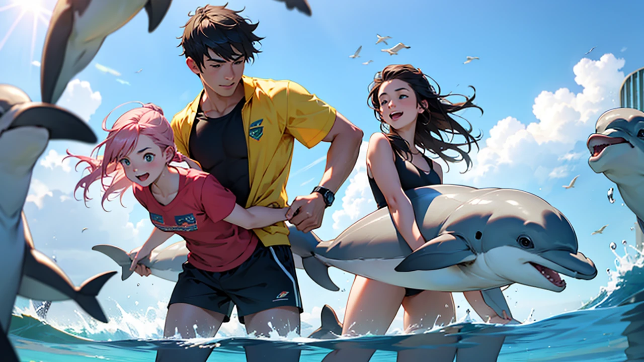 Boy and girl friends happy to play with dolphins