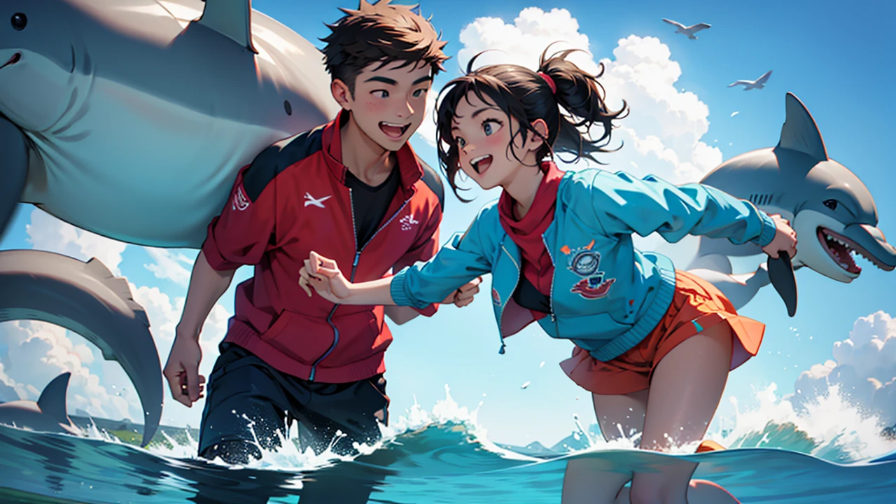 Boy and girl friends happy to play with dolphins