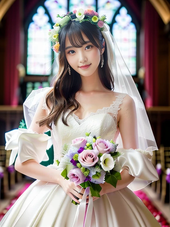 Photo-realistic quality、a woman in a Wedding dress holding a bouquet of flowers、20 year old Japanese model、白のWedding dress,Hanae Mori style wedding dress、lace prom dresses、looking at the camera、Detailed and beautiful eyes、Cute smile、Relaxed and gentle expression、a close up of a woman in a Wedding dress holding a bouquet, Wedding dress,  So magical and dreamy