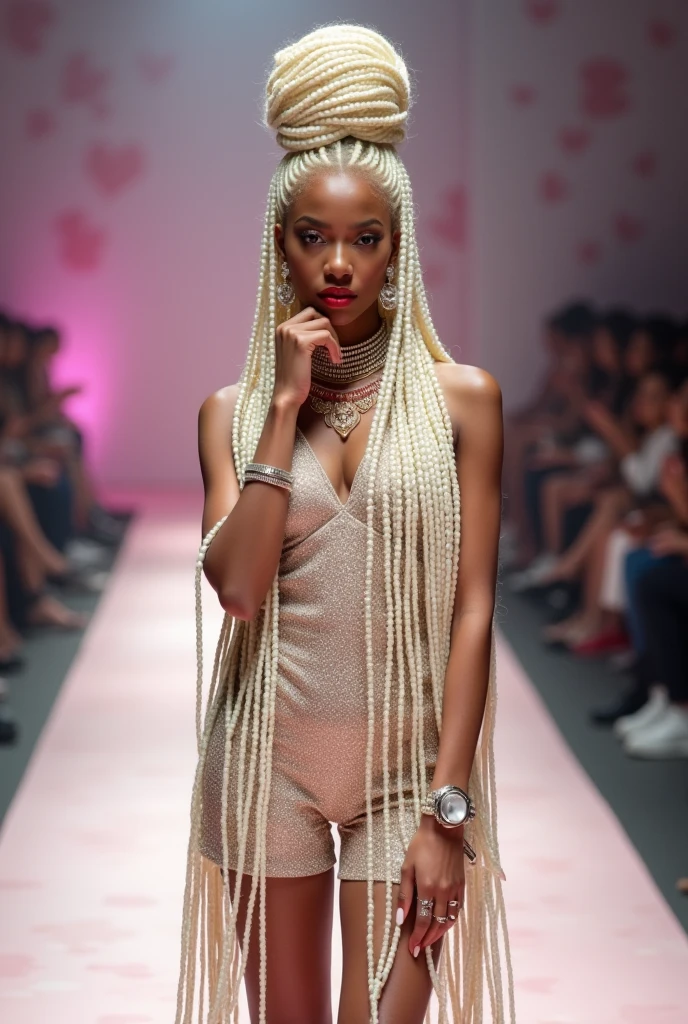 Full shot photograph of a 22 year old woman standing on a fashion runway, she is albino with a mix of African and Asian heritage. Her extra-long hair is styled in small to medium sized platinum blonde African RASTA braids, each intricately woven with delicate pearls culminating in a stunning, elaborate bun. Soft braids also tenderly frame her face along with styled baby hair. His hand is thoughtful on his jaw, his eyes seem serene. Wear pearl earrings and pearl necklaces of different lengths and sizes. The only makeup adorning her features is eyeshadow and lipstick in harmonious shades of soft red, creating a subtle but captivating effect. The background is blurred with soft colors and a fantasy theme.