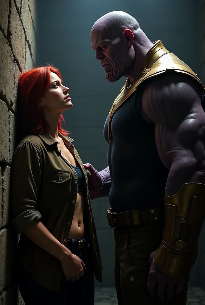 In a dimly lit room, Thanos, a large and imposing figure with a grim expression, is standing close to Natasha Romanov, a young woman with red hair. Natasha is leaning against a cold stone wall, her shirt slightly lifted to expose her bare abdomen. Thanos are pressing natasha’s stomach with his right hand. Natasha’s face reflects a mix of resignation and discomfort as she stands against the wall. The atmosphere is tense, with the shadows in the room emphasizing the unsettling and overpowering nature of the scene.
