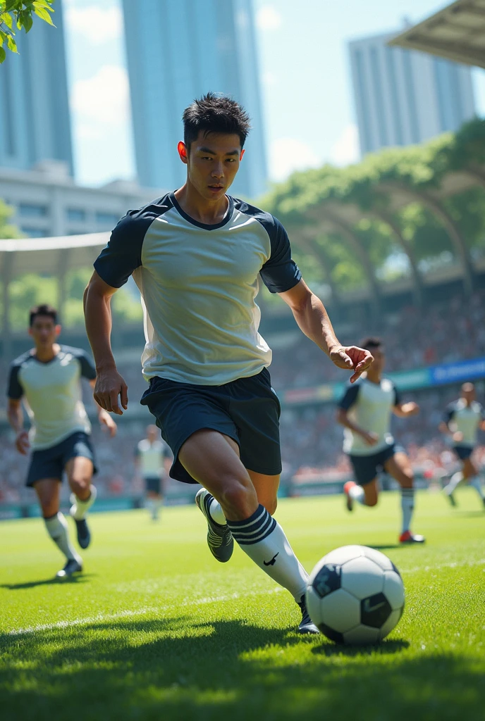 Handsome Japanese man playing soccer