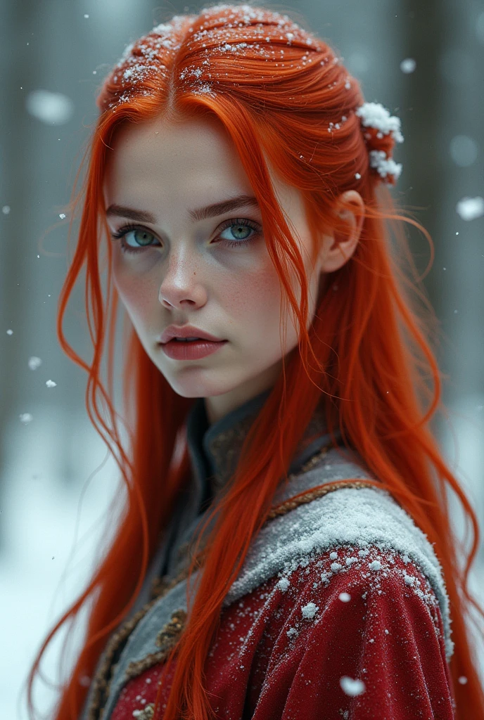 A brave lady with straight hair as red as a burnt red rose, skin as white as snow and with the eyes of a dragon