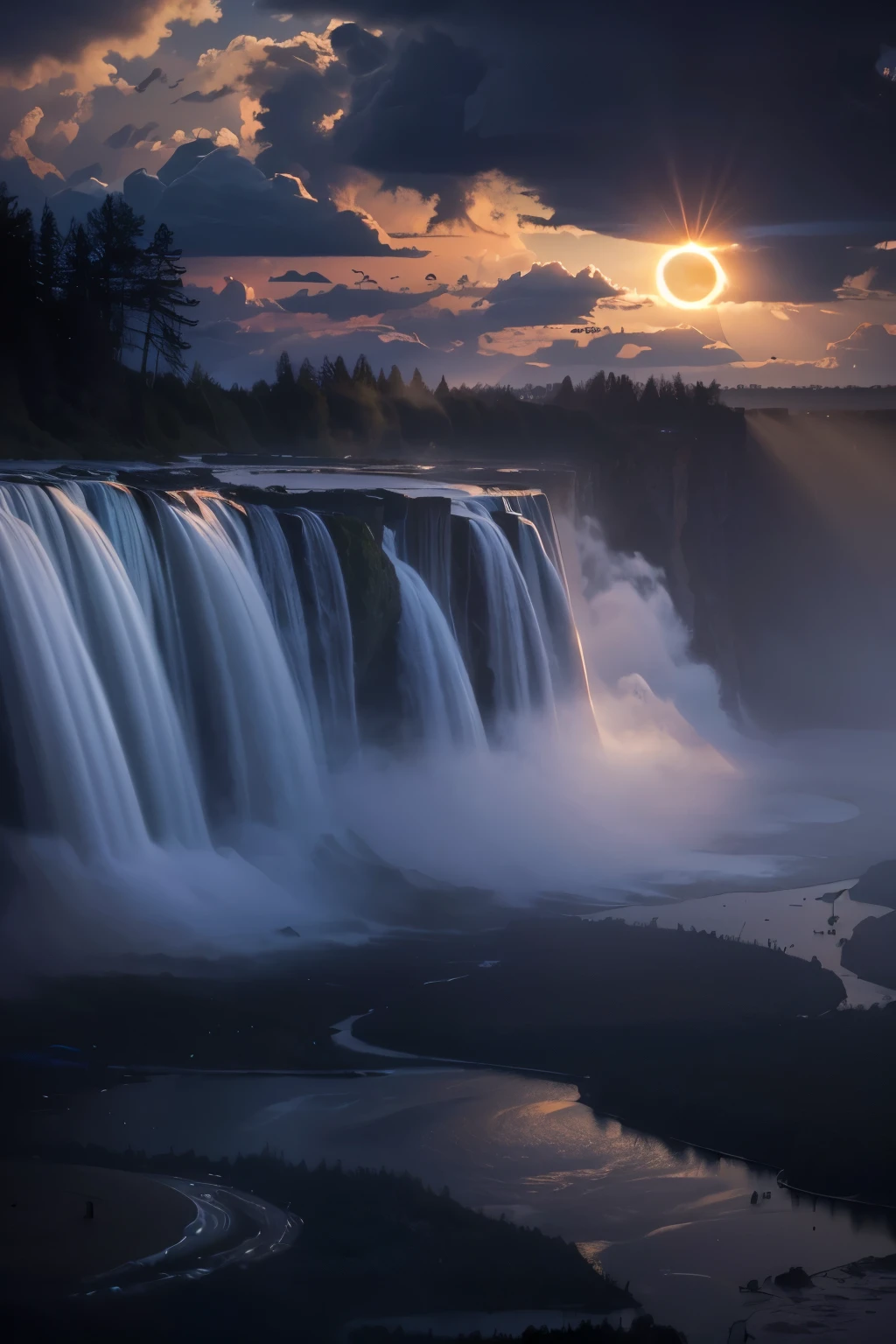 Masterpiece, (total eclipse of the sun:1.2), As the sun's embrace yields to the moon's shadow, Niagara Falls plunges into a cosmic ballet. Darkness envelops the cascades, veiling them in an ethereal mystique. Surreal light dances upon the waters, casting spells of enchantment. A celestial spectacle unfolds, invoking a sense of wonder and awe. Nature's grandeur melds with a touch of magic, weaving dreams into reality. Behold, the convergence of earth, sky, and the unknown, in a moment both fleeting and eternal, 16K, ultra high res.photorealistic, UHD, RAW,