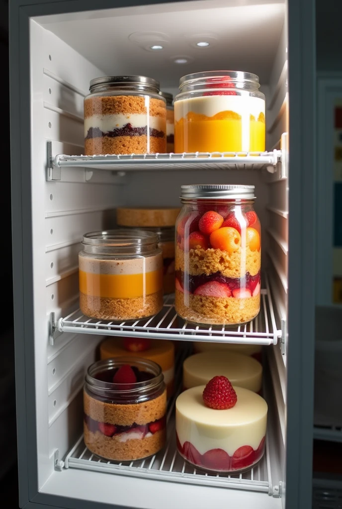 making jar cakes at home. Several units of cakes in a jar for sale inside a vertical freezer. Varied flavors. Real image that arouses the desire to buy
