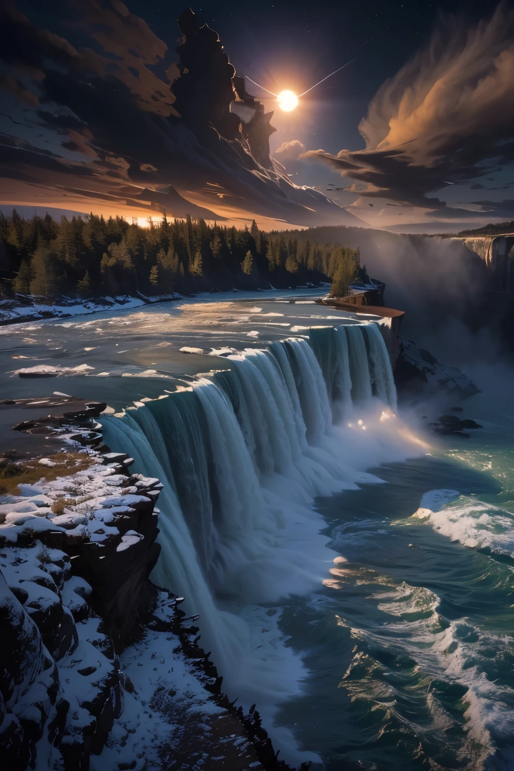 Masterpiece, (total eclipse of the sun:1.2), As the sun's embrace yields to the moon's shadow, Niagara Falls plunges into a cosmic ballet. Darkness envelops the cascades, veiling them in an ethereal mystique. Surreal light dances upon the waters, casting spells of enchantment. A celestial spectacle unfolds, invoking a sense of wonder and awe. Nature's grandeur melds with a touch of magic, weaving dreams into reality. Behold, the convergence of earth, sky, and the unknown, in a moment both fleeting and eternal, 16K, ultra high res.photorealistic, UHD, RAW,
