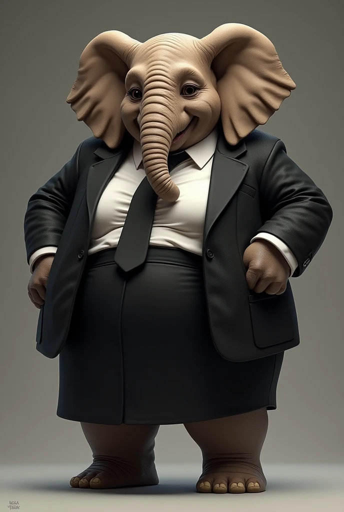 "A realistic elephant standing upright, wearing a sharp blue suit. The elephant exudes a cool and confident vibe, with a casual expression and possibly sunglasses. It is making an explaining gesture with one hand, as if discussing something important or giving advice. The overall setting is professional yet relaxed, with the background kept simple to emphasize the elephant's sophisticated and charismatic appearance."