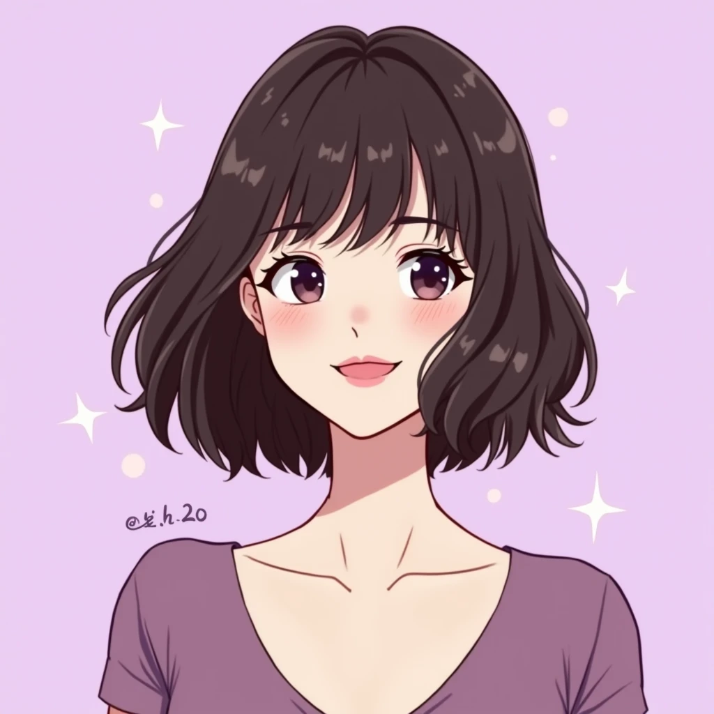 Gentle smile beauty bob hair woman in her 20s fashionable anime style illustration light purple background