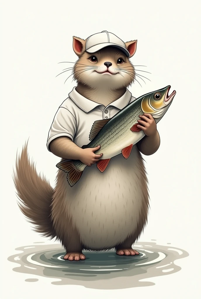 Perfect centering, Beautiful river nutria, holding a fish, sad， They are used， standing position, abstract beauty, centered, back to camera, approaching perfection, dynamic, Very detailed, seeds, sharp focus, 8k, high definition resolution, illustration, Carne art Griffiths and Wadim Kashin, White background and a white polo shirt or a white cap
