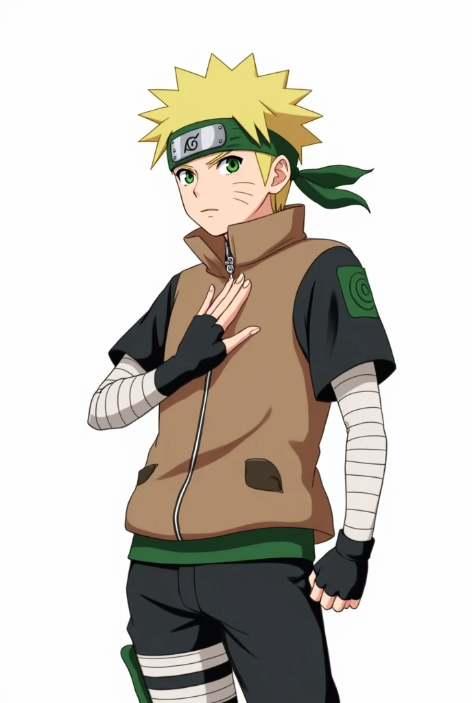 Naruto Style, man, Short blonde hair, Sharingan eyes, green bandana, Brown short sleeve jacket, bandages on the arms, black fingerless gloves, black pants, green ribbon on her waist, anime, 4k, White background