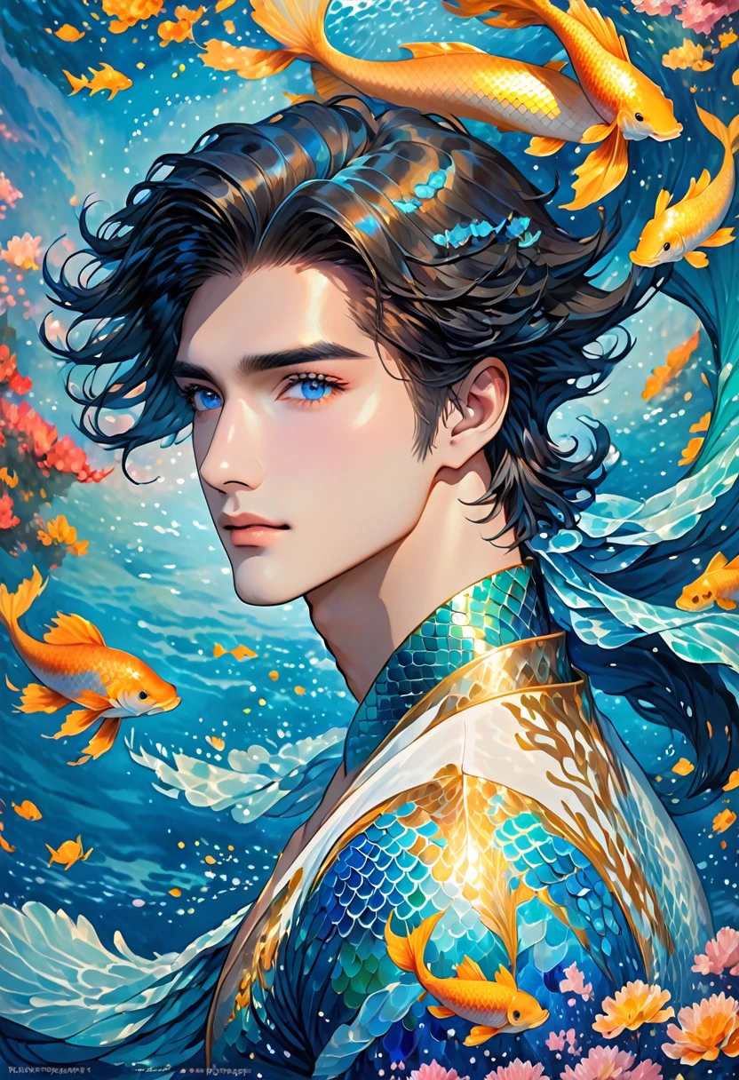 "A breathtakingly beautiful, androgynous male merman floats gracefully before us, his presence both ethereal and captivating. His long, flowing black hair dances in the currents, framing a face of delicate, androgynous beauty. His eyes are a mesmerizing sapphire blue, conveying a sense of gentle wisdom and otherworldly charm.
The merman’s skin is pale and flawless, but scattered across his torso are random patterns of shimmering blue and gold scales, adding to his fantastical and enchanting appearance. In place of legs, he has a long, flowing tail, the scales glistening like thousands of precious gems as it undulates through the water.
The merman’s upper body is lean and androgynous, with no visible body or facial hair. His features are soft and youthful, yet there is an undeniable allure and magnetism to his appearance. The viewer is drawn inexorably to his captivating gaze and the graceful, otherworldly movements of his magnificent tail.
The underwater scene should be rendered with the utmost attention to detail, from the intricate textures of the merman’s scales to the shimmering, kaleidoscopic refractions of light through the water. The overall composition should emphasize the merman’s ethereal beauty and enchanting presence, capturing the viewer’s imagination and leaving them spellbound by this truly mesmerizing creature of the deep."