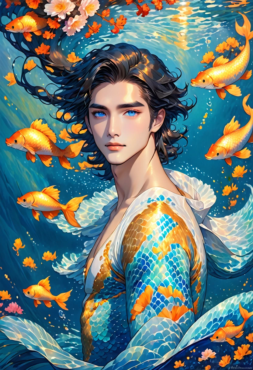"A breathtakingly beautiful, androgynous male merman floats gracefully before us, his presence both ethereal and captivating. His long, flowing black hair dances in the currents, framing a face of delicate, androgynous beauty. His eyes are a mesmerizing sapphire blue, conveying a sense of gentle wisdom and otherworldly charm.
The merman’s skin is pale and flawless, but scattered across his torso are random patterns of shimmering blue and gold scales, adding to his fantastical and enchanting appearance. In place of legs, he has a long, flowing tail, the scales glistening like thousands of precious gems as it undulates through the water.
The merman’s upper body is lean and androgynous, with no visible body or facial hair. His features are soft and youthful, yet there is an undeniable allure and magnetism to his appearance. The viewer is drawn inexorably to his captivating gaze and the graceful, otherworldly movements of his magnificent tail.
The underwater scene should be rendered with the utmost attention to detail, from the intricate textures of the merman’s scales to the shimmering, kaleidoscopic refractions of light through the water. The overall composition should emphasize the merman’s ethereal beauty and enchanting presence, capturing the viewer’s imagination and leaving them spellbound by this truly mesmerizing creature of the deep."