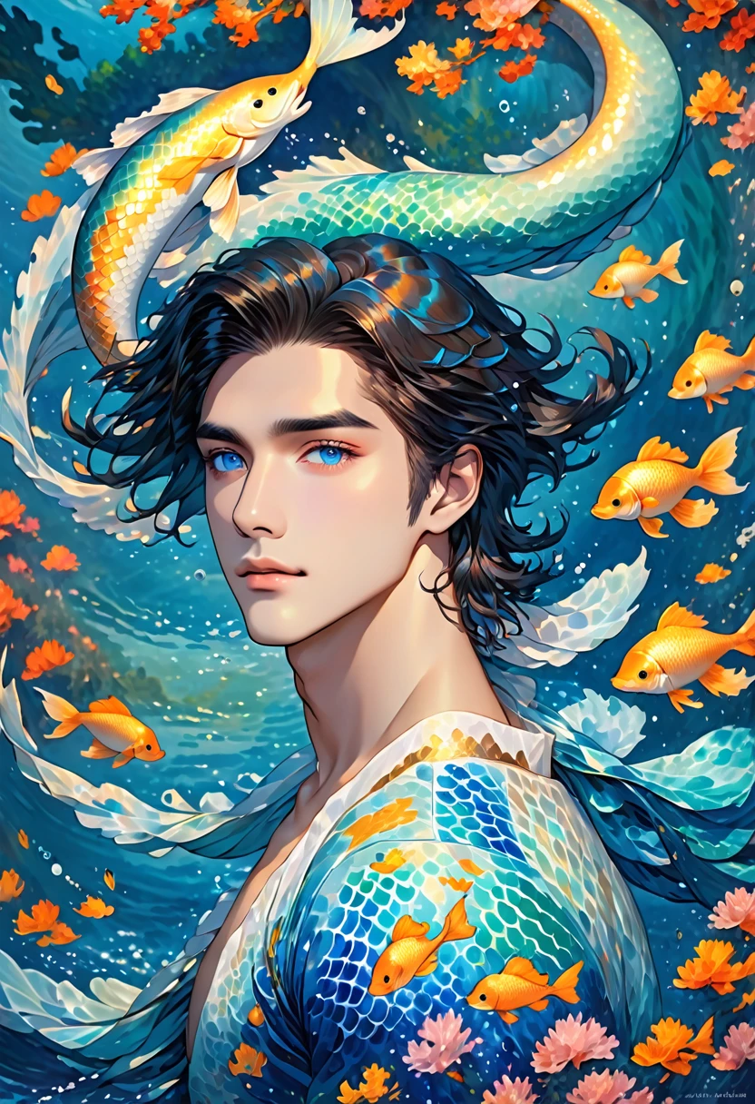 "A breathtakingly beautiful, androgynous male merman floats gracefully before us, his presence both ethereal and captivating. His long, flowing black hair dances in the currents, framing a face of delicate, androgynous beauty. His eyes are a mesmerizing sapphire blue, conveying a sense of gentle wisdom and otherworldly charm.

The merman’s skin is pale and flawless, but scattered across his torso are random patterns of shimmering blue and gold scales, adding to his fantastical and enchanting appearance. In place of legs, he has a long, flowing tail, the scales glistening like thousands of precious gems as it undulates through the water.

The merman’s upper body is lean and androgynous, with no visible body or facial hair. His features are soft and youthful, yet there is an undeniable allure and magnetism to his appearance. The viewer is drawn inexorably to his captivating gaze and the graceful, otherworldly movements of his magnificent tail.

The underwater scene should be rendered with the utmost attention to detail, from the intricate textures of the merman’s scales to the shimmering, kaleidoscopic refractions of light through the water. The overall composition should emphasize the merman’s ethereal beauty and enchanting presence, capturing the viewer’s imagination and leaving them spellbound by this truly mesmerizing creature of the deep."