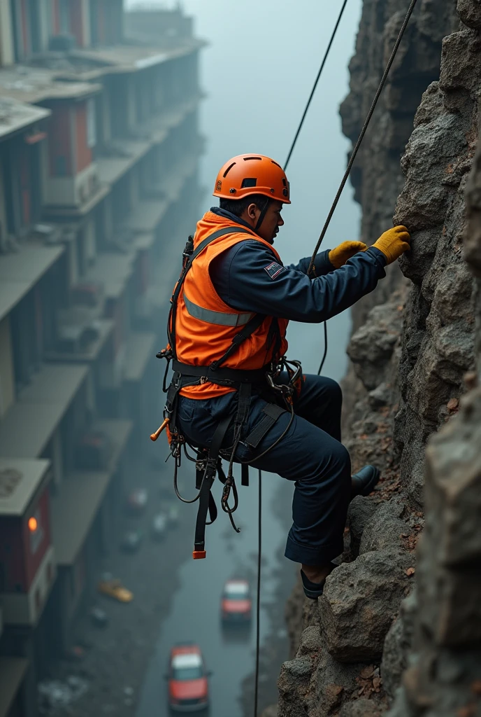 Civil Defense man in orange vest rappelling down