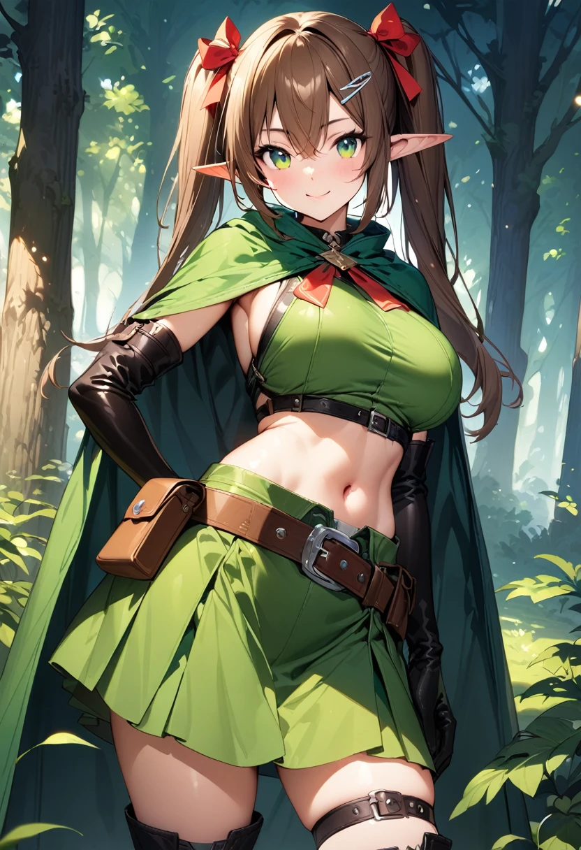 (masterpiece),(best quality),(ultra-detailed),(best illustration),(best shadow),(absurdres),(detailed background),(very aesthetic), 1girl, solo, pointy-ears, ((brown-hair)), green-eyes, gloves, boots, twintails, skirt, elbow-gloves, hair-ornament, navel, looking-at-viewer, cape, smile, elf, ribbon, hair-ribbon, knee-boots, belt, hairclip, ((green-skirt)), black-gloves, forest, midriff, thigh-strap, hair-between-eyes, standing, black-footwear, pouch, long-hair, nature, red-ribbon, ((big boobs) 1:1)
