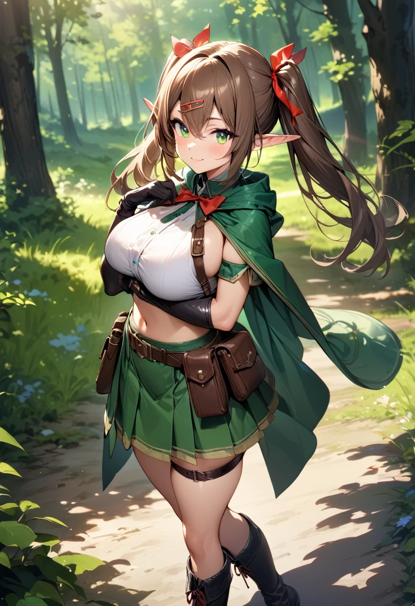 (masterpiece),(best quality),(ultra-detailed),(best illustration),(best shadow),(absurdres),(detailed background),(very aesthetic), 1girl, solo, pointy-ears, ((brown-hair)), green-eyes, gloves, boots, twintails, skirt, elbow-gloves, hair-ornament, navel, looking-at-viewer, cape, smile, elf, ribbon, hair-ribbon, knee-boots, belt, hairclip, ((green-skirt)), black-gloves, forest, midriff, thigh-strap, hair-between-eyes, standing, black-footwear, pouch, long-hair, nature, red-ribbon, ((big boobs) 1:1)