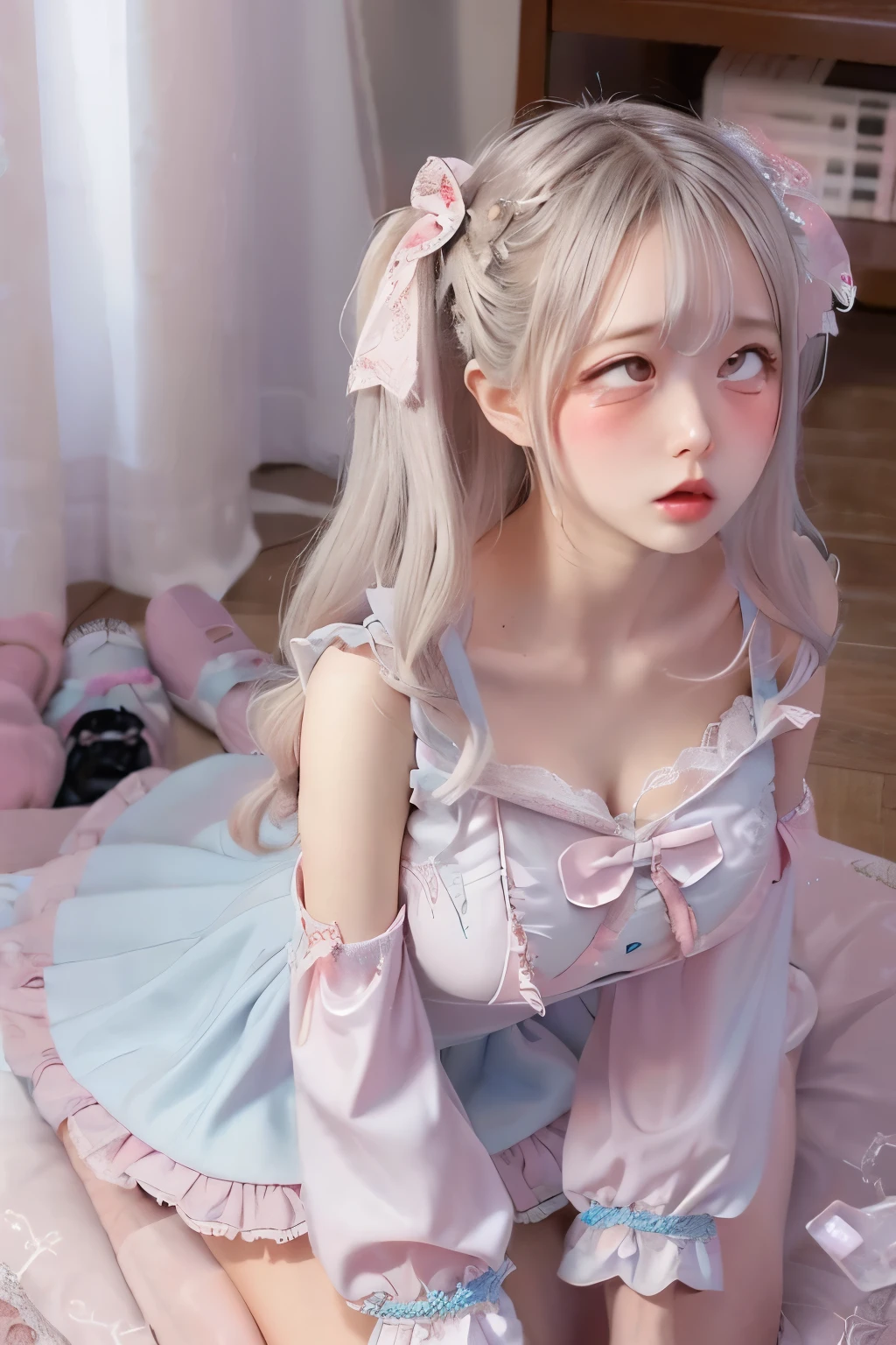 Soft pastel dresses　Fine lace and embroidery. Fluffy long hair tied up loosely.、corolla　Pale blue or pink、White or pastel colored long dress　first round　brainwashing　defeat　yield　Prostration　Princess　Big Breasts　clear　incontinence　Peeing　Loss double piece ahegao gal