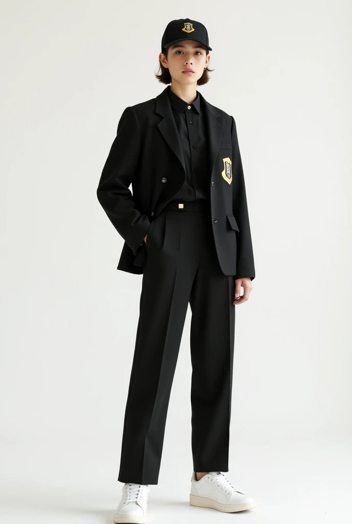 Black pants and blouse set with a boy-style jacket with a theater crest and white sneakers with a cap matching the personalized jacket 