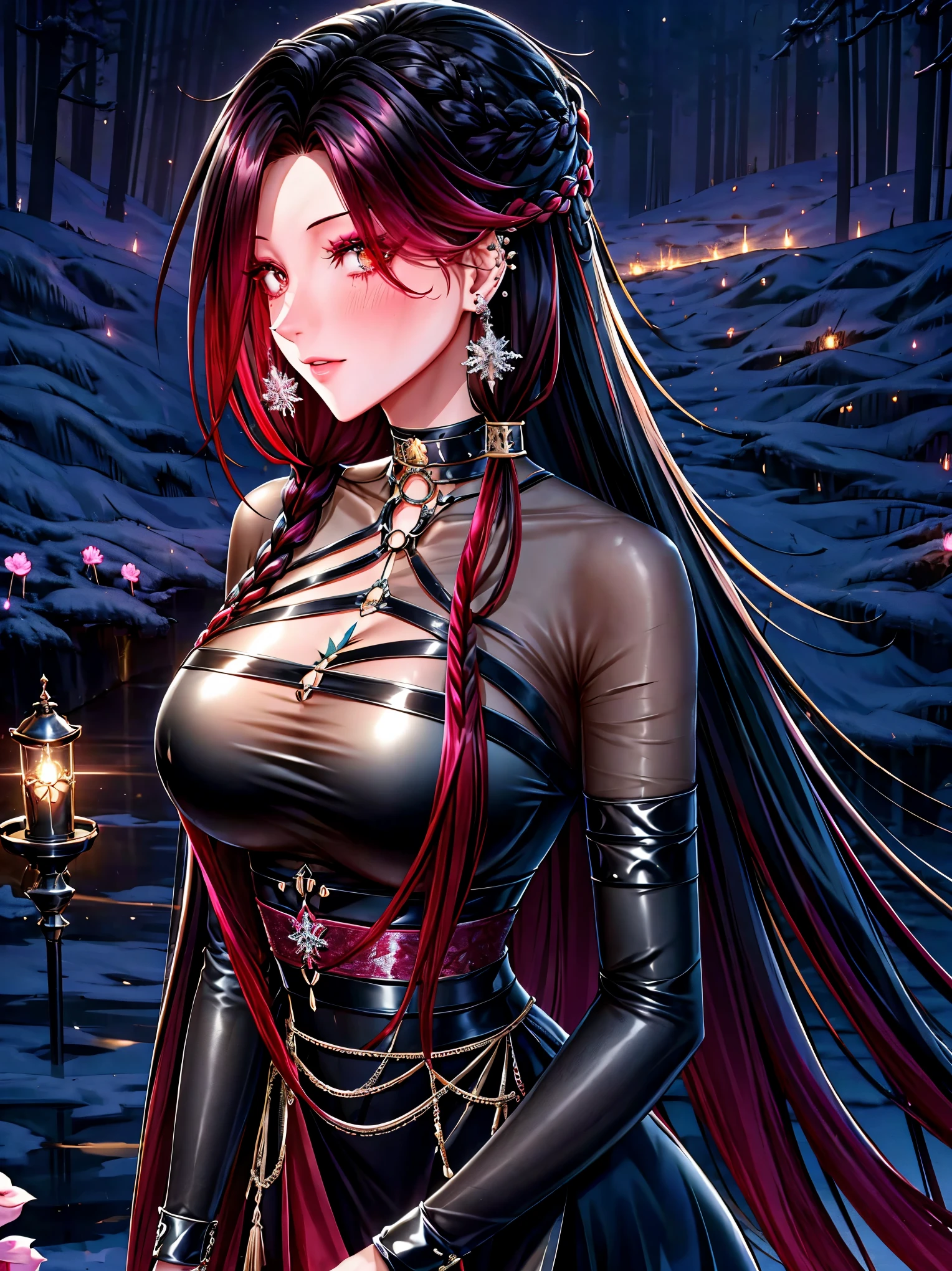 shoujo style, frosty style, (romantic manhwa), 1 girl, black cyclamen hair, solo, long braided hair, long braid, dress, red cyclamen eyes, mascara, makeup, elbow gloves, bra, jewelry, many ear piercings , viewer, collarbone, accessories, upper body, parted bangs, braided hair, side braid, black dress, bangs, outdoors, detailed eyes, dynamic cut, walking in a rose field at night, flowers, warm, summer environment, beach,