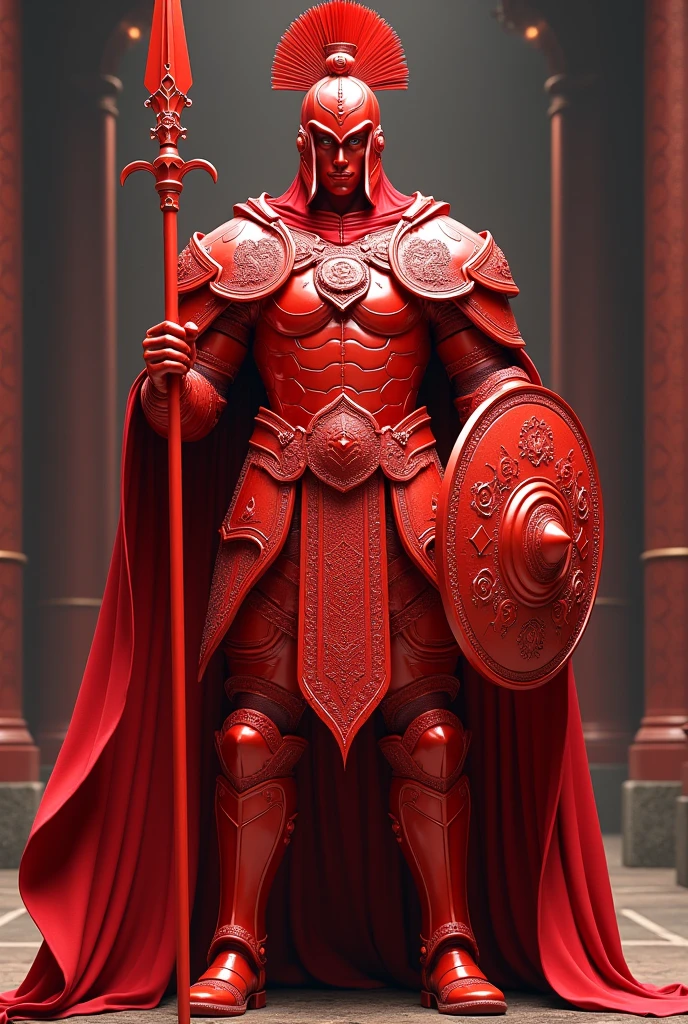 A dazzling red warrior with an imposing stance, holding a spear and shield, symbolizing protection and strength. The statue is detailed with intricate armor, evoking a sense of valor and readiness for battle.