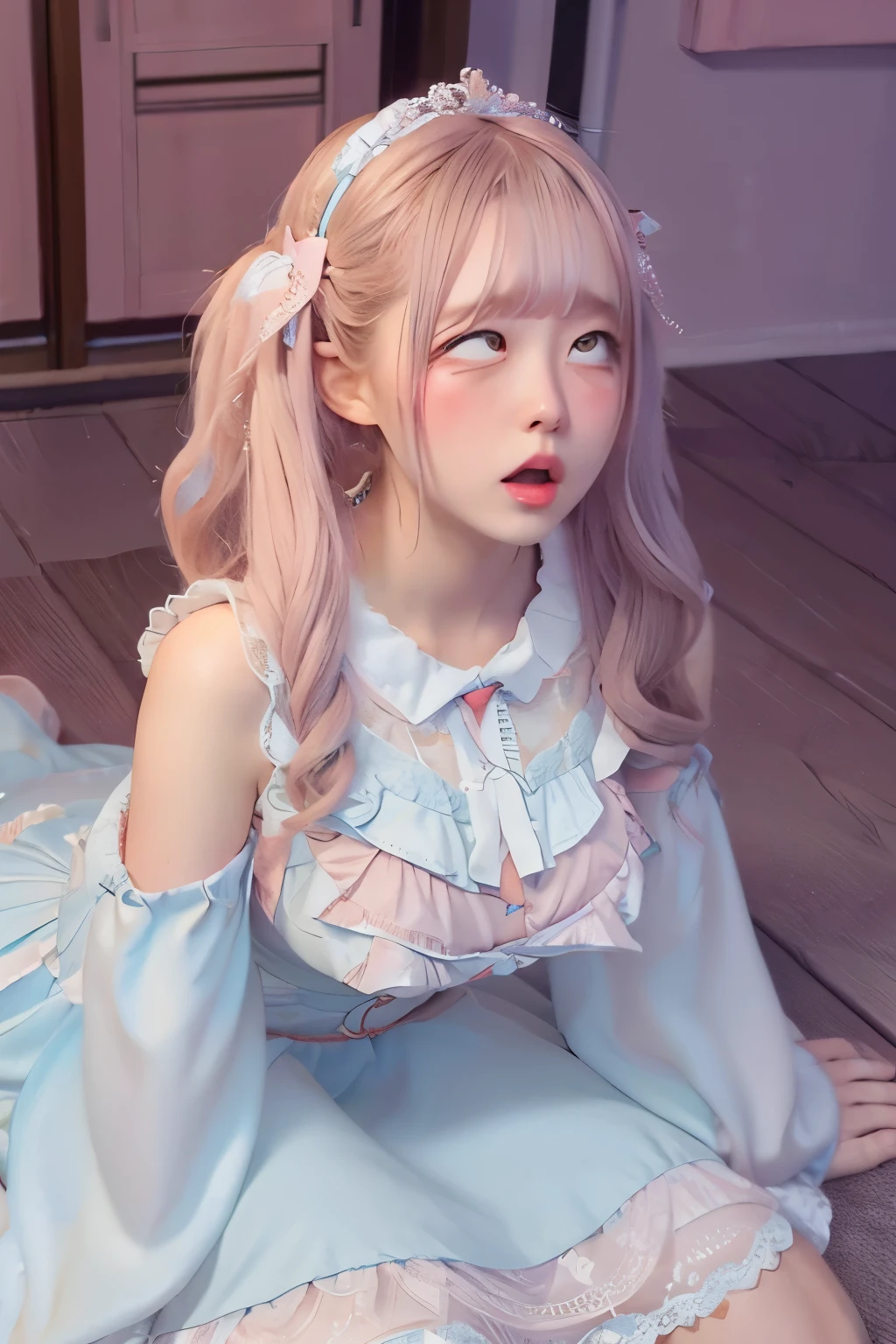 Soft pastel dresses Fine lace and embroidery. Fluffy long hair tied up loosely.、corolla Pale blue or pink、White or pastel colored long dress first round brainwashing defeat yield Prostration Princess Big Breasts clear incontinence Peeing Loss double piece ahegao gal