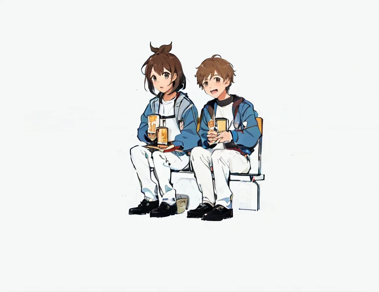 Two thirteen-year-old boys sitting on a park bench, Brown suit,White jeans,cartoon, Naka Bokunin, two characters, They are very comfortable, Drinking beer at the train station, Boys and Girls, Partners