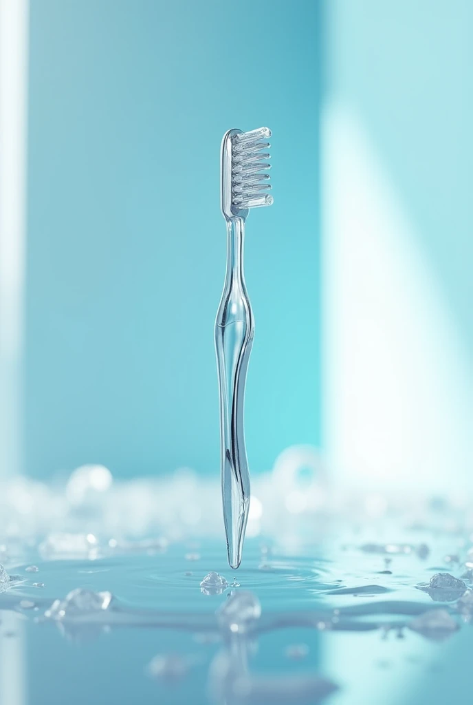 A futuristic toothpick with an elegant and minimalist design, made of an advanced, shiny metallic material that appears almost translucent. The toothpick appears to float in space, showing no signs of wear, as if it were indestructible. Its material is self-cleaning, with a surface that repels any dirt or contamination, always remaining impeccable. The background of the image has a soft tone of blue and white., giving a futuristic and clean look to the environment.