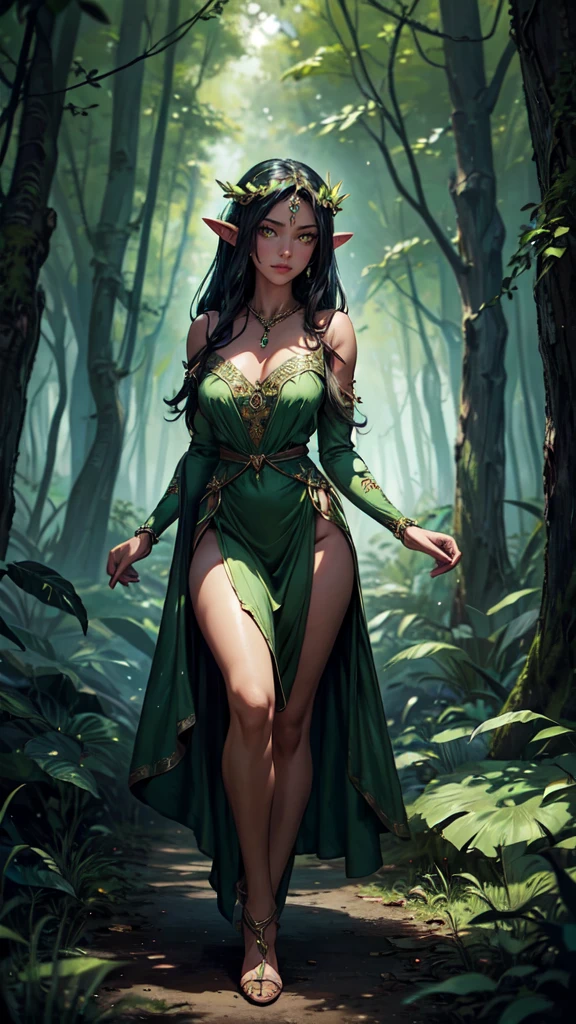masterpiece, best quality, nightelf, glowing eyes, colored skin, facial mark, mature female, green dress, leaves, jewelry, looking at viewer, forest, night, bare shoulders naturestyle,detailed eyes, detaield hands, detailed face, elf woman, full body