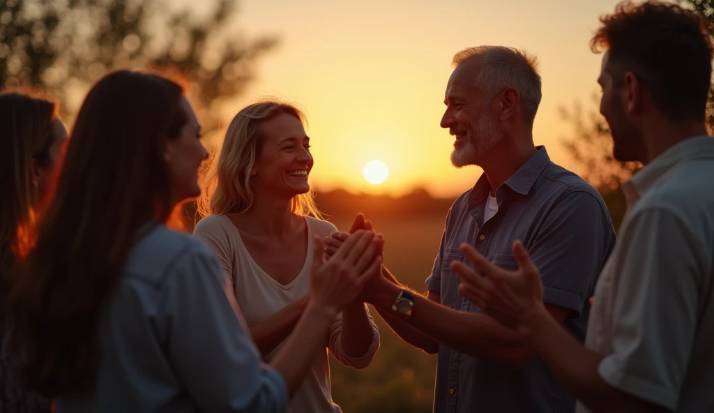 Create a highly realistic image of a group of people gathered in a serene, outdoor setting at dusk, as the last light of day fades into a peaceful evening. The group is in a circle, holding hands in prayer, with expressions of gratitude and reverence. A warm, gentle glow surrounds them, symbolizing God's blessing and presence. In the background, subtle light beams extend outward, representing the spreading of God's word and the comfort it brings. The overall atmosphere is one of unity, peace, and the shared mission of spreading comfort and encouragement through faith