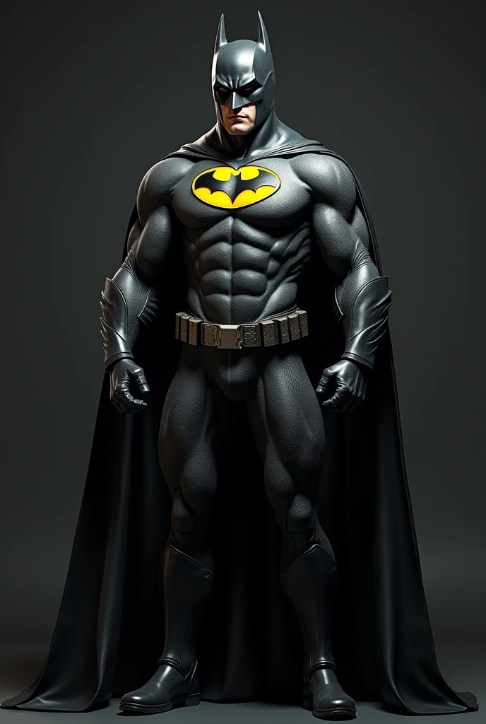 Batman in all black rubber suit with the yellow ovel on the chest with the black bat logo in front and a black utility belt and black boots and black leather cape Make the oval more circle like and fake nipple