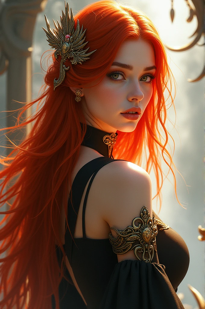 a brave lady with straight hair as red as dark red roses, skin as white as snow and with golden eyes like a dragon