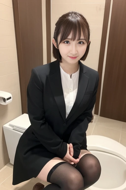 Tabletop, Highest quality, shape, Very detailed, finely, High resolution, 8k wallpaper,short hair、 完璧なダイナミックな構shape, Beautiful and beautiful eyes, suit,Natural color lip, smile、18-year-old girl,If you are wearing black tights or stockings、Two plump thighs、Shortcuts、Open chest shirt、(Beautiful 5 fingers、Beautiful hands、Anatomically correct),(Urinating、Urinating、toiletを用を足しているている:1.4)、toilet、Sitting on the toilet seat、Is peeing、(Take off your panties)